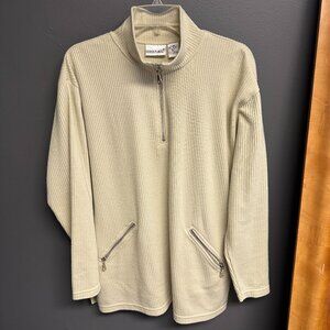 Vintage 90s Fashion Bug Cream Ribbed Tunic Quarter Zip Pullover Womens Top Med